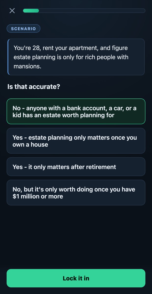 A reps. scenario card on a phone: you're 28, rent your apartment, and figure estate planning is only for rich people with mansions — is that accurate? The correct answer is selected.
