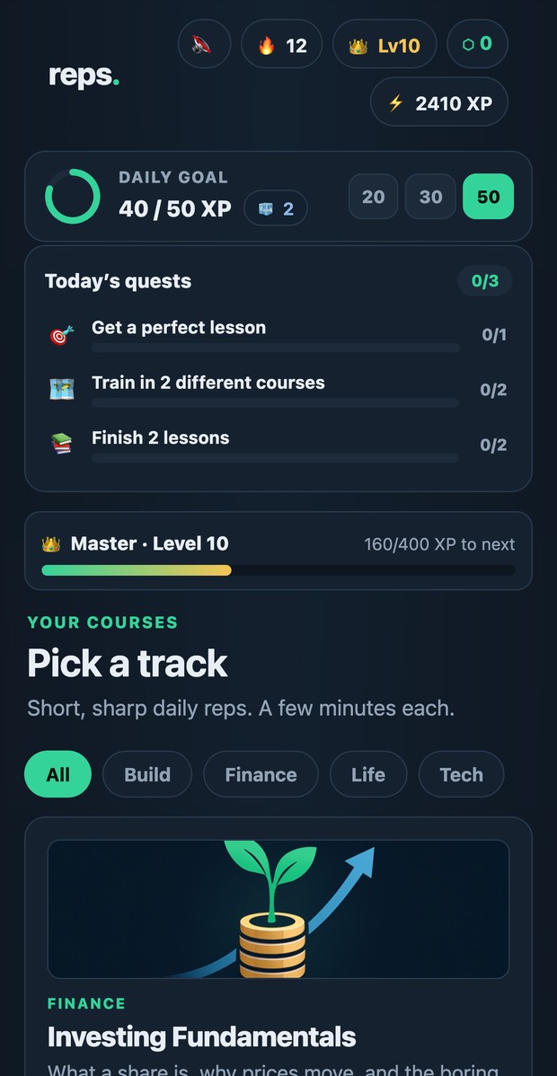 The reps. home screen behind it: a 12-day streak, level 10, 2,410 XP, a daily goal ring and the course library.